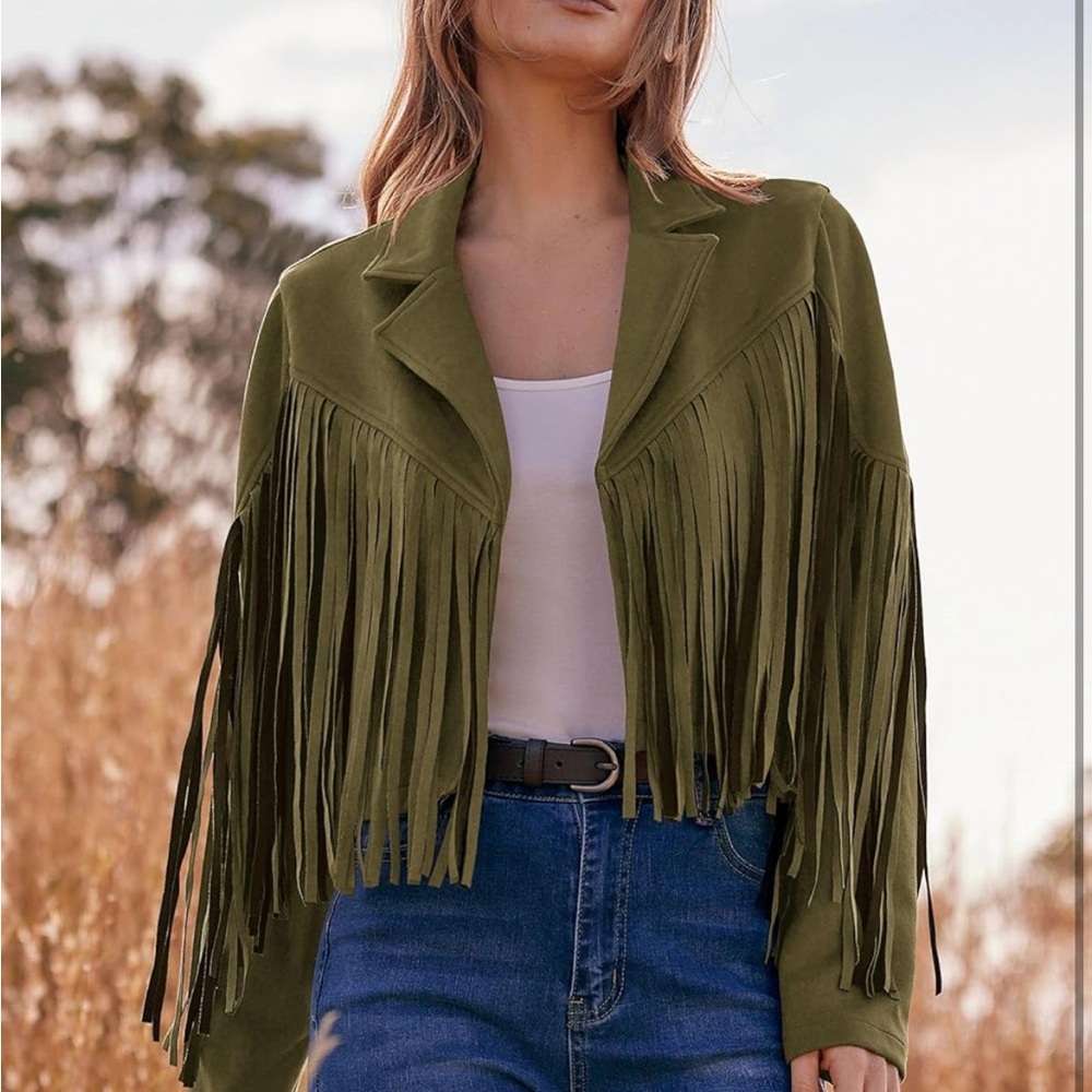Women's Suede Fringe Jacket Long Sleeve Slim Faux Leather Boyfriend Cropped Top - Picture 5 of 6